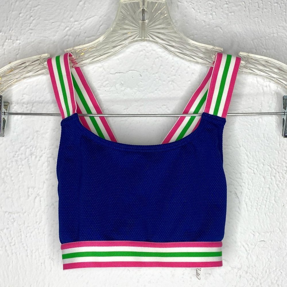 Boden girl's size 7/8, navy pink green white swimsuit bikini top.